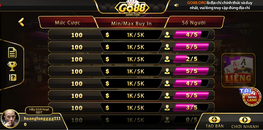 Những điểm mới lạ khi chơi game bài Liêng Go88 online 