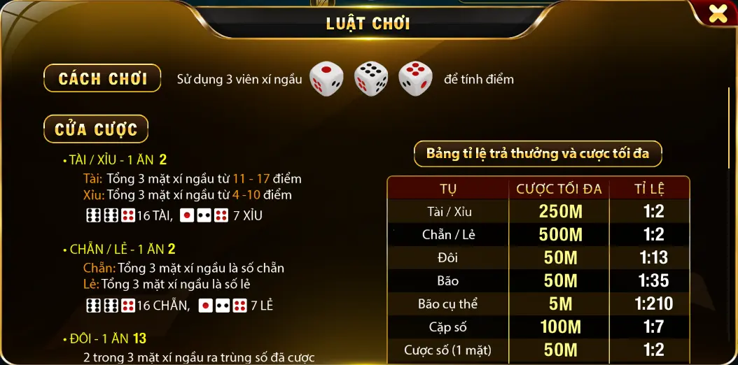 Những cửa cược của game Sicbo Tài phú link vào Go88 